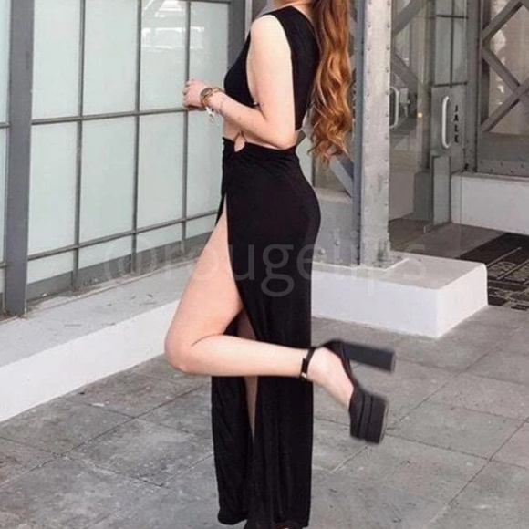 Black Cutout Asymmetrical Dress One Shoulder Open Side Gold Rope Detail - Picture 14 of 16